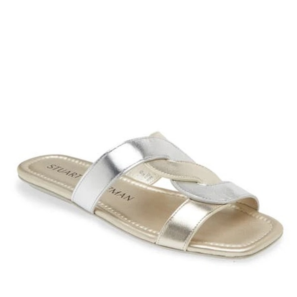 NEW Stuart Weitzman Ibiza Sandal Slide in Silver / Gold